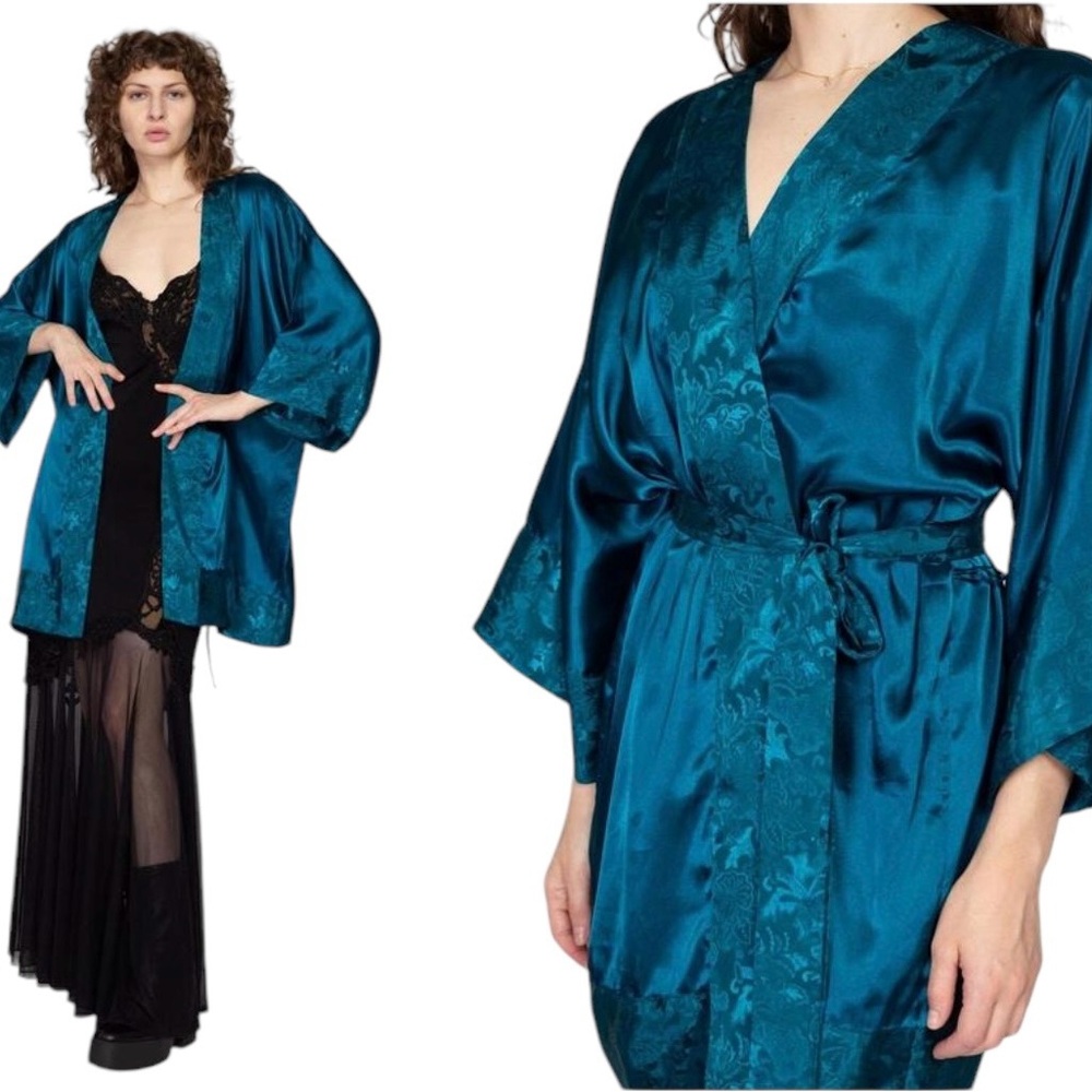 Vintage 90s Victoria’s Secret gold label satin kimono robe peacock blue one size
